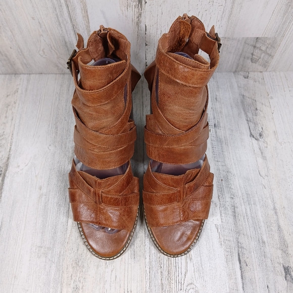 Jeffrey Campbell x Free People Cognac Brown Leather Block Heel Sandals #733 - Picture 4 of 13